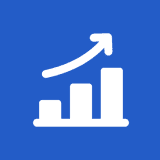 Upward trending bar graph on blue background.